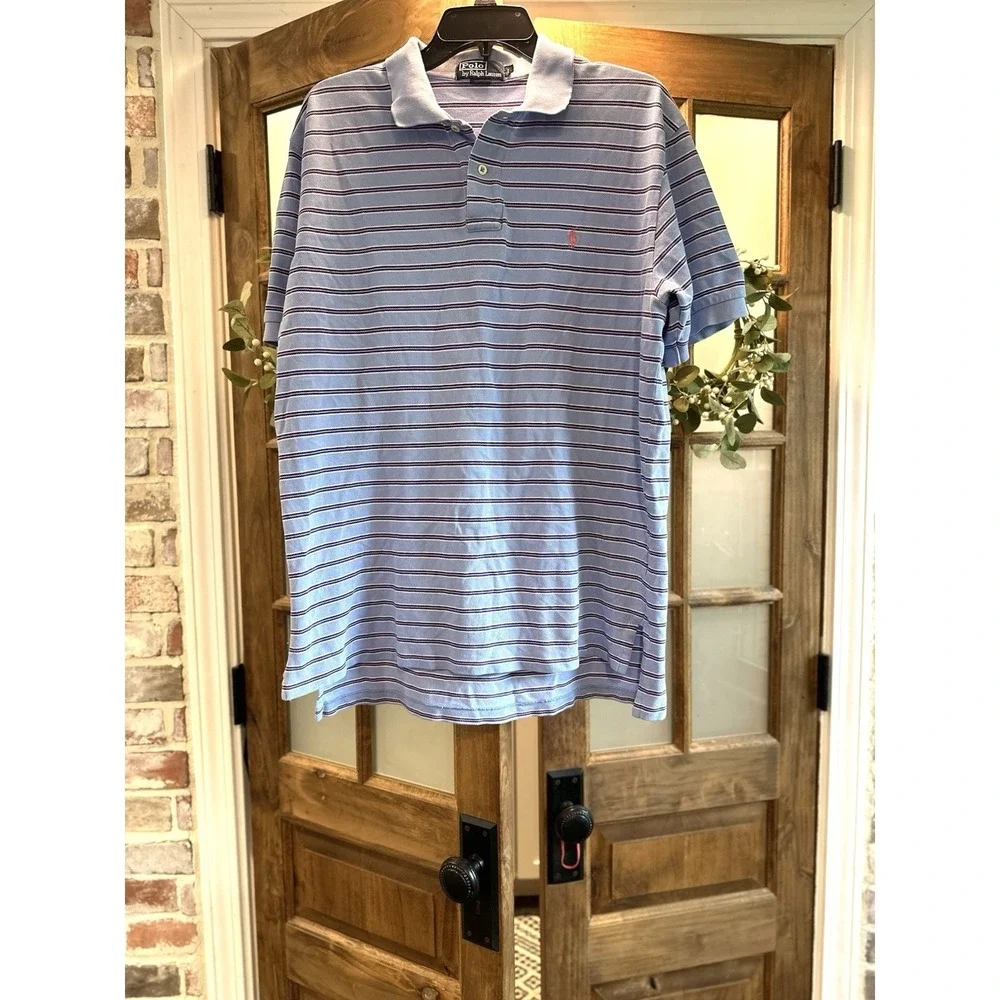 Polo‎ Ralph Lauren Polo Shirt Mens L Blue Striped Short Sleeve Pique Cotton Pony